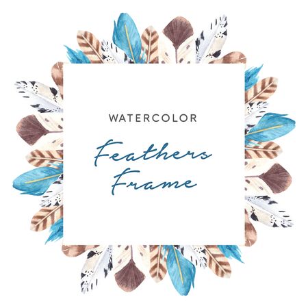 Hand drawn watercolor vibrant feathers square frame.の写真素材