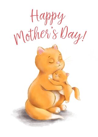Hand painted watercolor illustration of cute cats family. Mothers Day card template.の写真素材