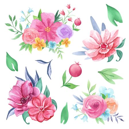 Hand drawn watercolor floral collection. Watercolor flowers, leaves, bouquetsの写真素材