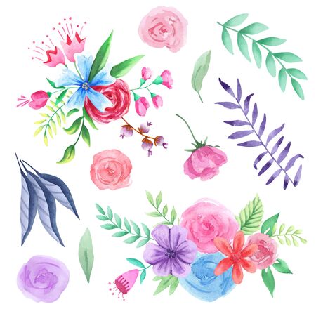 Hand drawn watercolor floral collection. Watercolor flowers, leaves, bouquetsの写真素材
