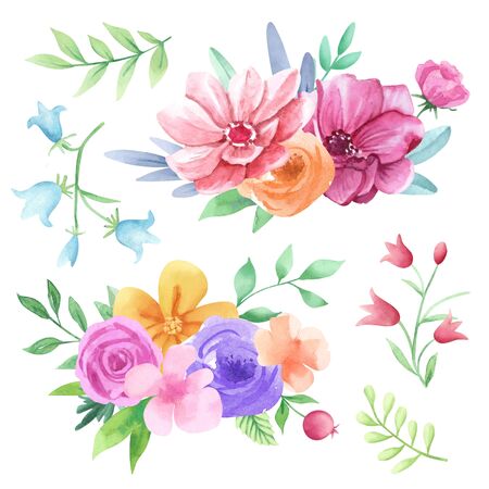 Hand drawn watercolor floral collection. Watercolor flowers, leaves, bouquetsの写真素材