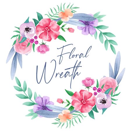 Hand drawn watercolor floral wreath with leaves. Round frame with flowersの写真素材