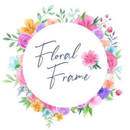 Hand drawn watercolor floral frame with leaves. Round frame with flowersの写真素材