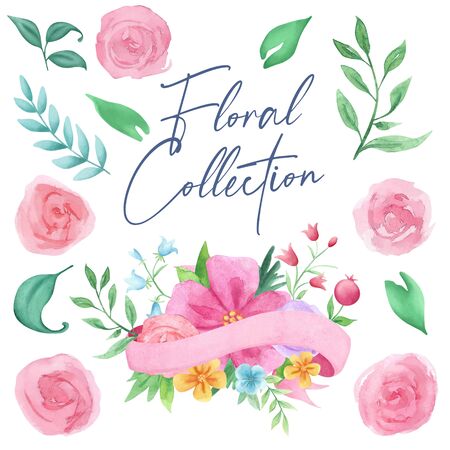 Hand drawn watercolor banners set. Watercolor banners, ribbons, with flowers bunchesの写真素材