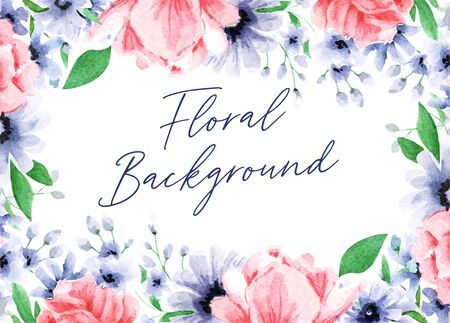 Hand drawn simple watercolor floral background frame. Watercolor flowers, illustration isolated on white backgroundの写真素材