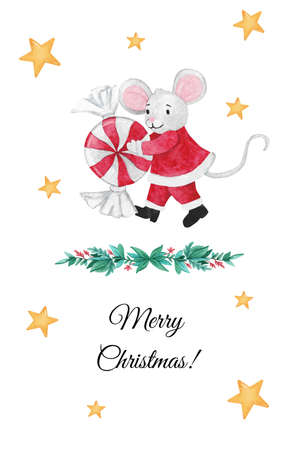 Christmas illustration with mouse with Christmas candy, flowers and starsの写真素材