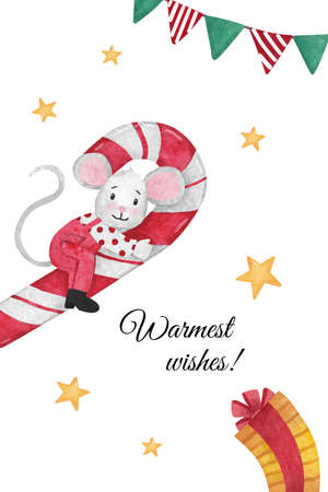 Christmas illustration with mouse sitting on a candy cane with flags, gift and starsの写真素材