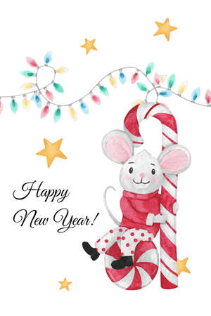 Christmas illustration with mouse on a candy cane with Christmas lights and starsの写真素材