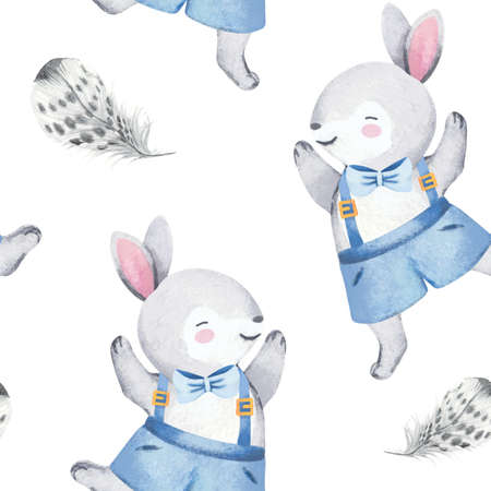 Seamless pattern, watercolor illustration with cute baby bunny and feathersの写真素材