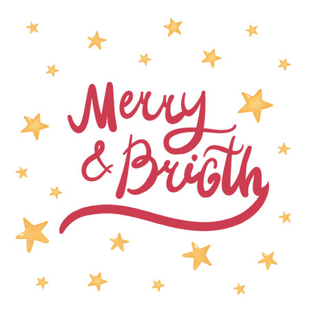 Merry and Bright lettering, premade card with handwritten letteringの写真素材