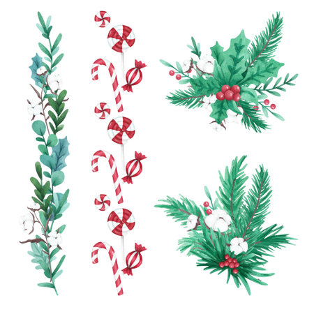 Christmas flower borders, watercolor illustration with flowers, leaves and candiesの写真素材