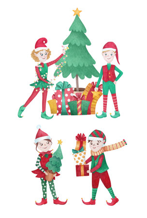 Christmas scene, watercolor illustration with Christmas elvesの写真素材