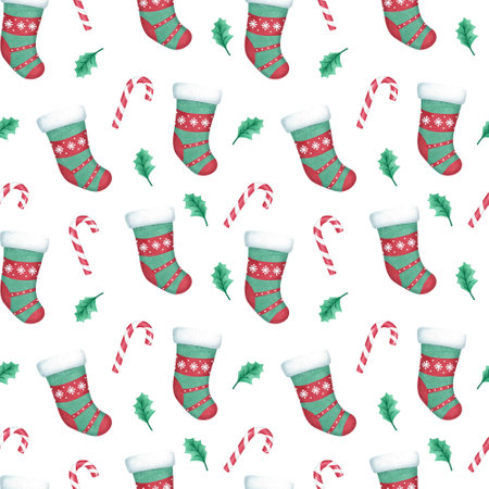 Watercolor Christmas stocking seamless pattern. Hand drawn holly leaf, candy canesの写真素材