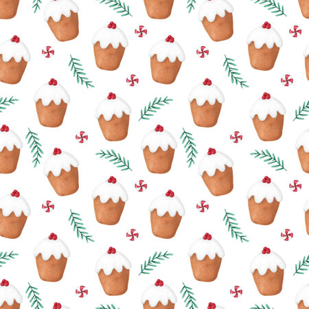 Watercolor Christmas seamless pattern. Hand drawn Christmas pudding and branchesの写真素材