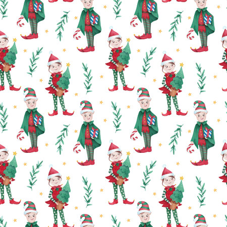 Watercolor Christmas seamless pattern. Hand drawn elfs, gifts and leavesの写真素材