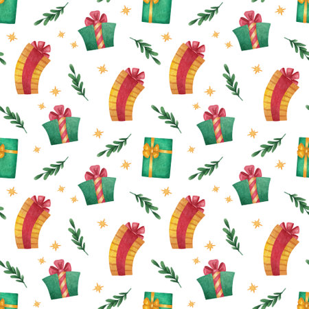 Watercolor Christmas seamless pattern. Hand drawn gifts, leaves and stars,の写真素材