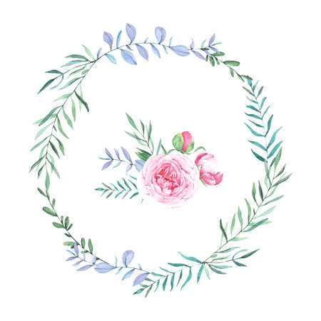 Hand drawn watercolor floral wreath with leaves. Round frame with peony and roses flowers,の写真素材