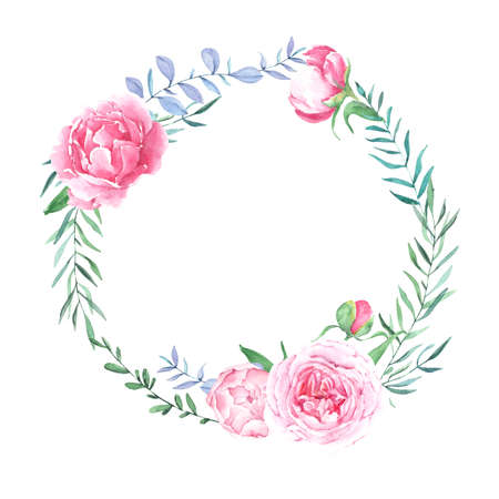 Hand drawn watercolor floral wreath with leaves. Round frame with peony and roses flowersの写真素材