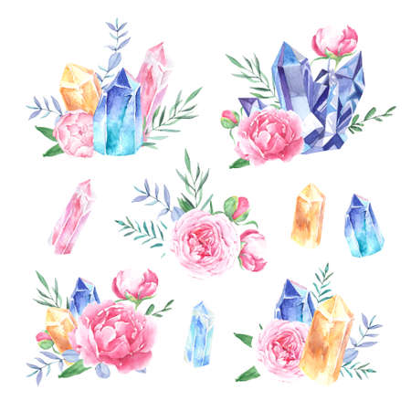 Hand drawn watercolor crystals and peonies collection. Flowers and stonesの写真素材