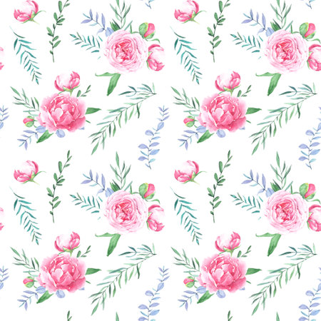 Hand drawn watercolor peony floral pattern. Watercolor pink peony flowersの写真素材