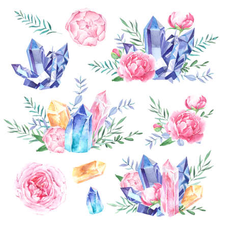 Hand drawn watercolor crystals and peonies collection. Flowers and stones isolatedの写真素材
