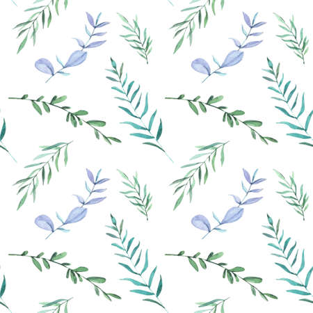 Hand drawn watercolor green leaves floral pattern. Watercolor leaves, isolated on white background.