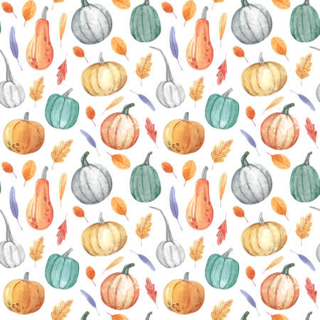 Colourful pumpkins and leaves, seasonal autumn seamless pattern. Hand painted watercolor illustrationの写真素材