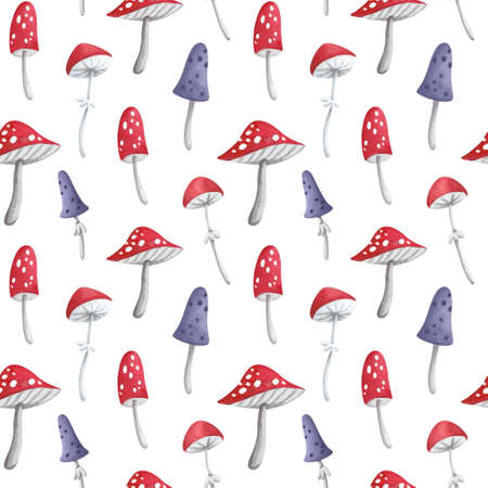Red and purple amanita mushrooms seamless pattern. Halloween pattern, hand painted watercolor illustrationの写真素材