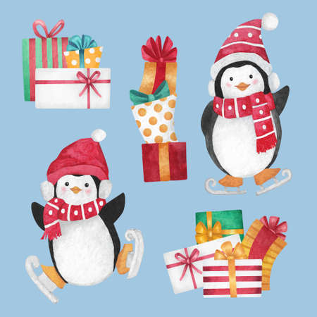Christmas illustration, cute penguins skating and waving a hand, stack of gifts, gift boxes.の写真素材