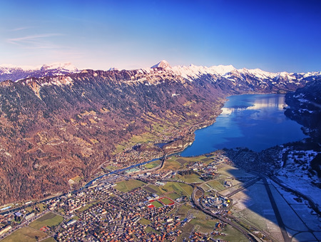 Aerial view Swiss city Interlaken in winterの写真素材