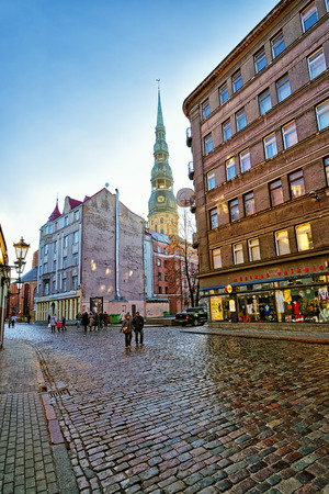 RIGA, LATVIA - DECEMBER 25, 2011: Central street of Old Riga at Christmas weekのeditorial素材