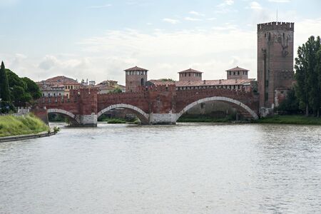 Ancient castle bridge and castle watchtower in Verona, Italyのeditorial素材