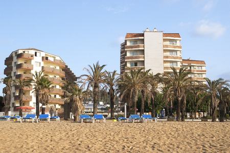 Mediterranean beach with palm trees and hotels on the first lineのeditorial素材