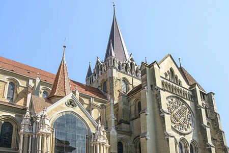 Lausanne Cathedral (Notre Dame) in summertime street viewの写真素材