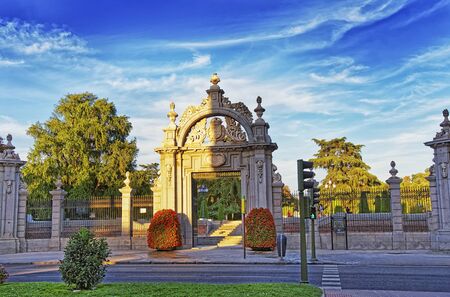 Entrance gate to the Retiro gardens in Madrid Spain in the morningの写真素材