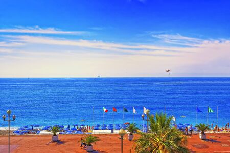 NICE, FRANCE - AUGUST 9,2010: Beach on the Promenade d Anglais (English promenade) in Nice, France in summer. Aerial bay viewのeditorial素材