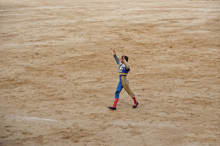 BARCELONA, SPAIN - AUGUST 01, 2010: Spanish torero in the arena of La Monumental on August 01, 2010 in Barcelona, Catalonia, Spainのeditorial素材
