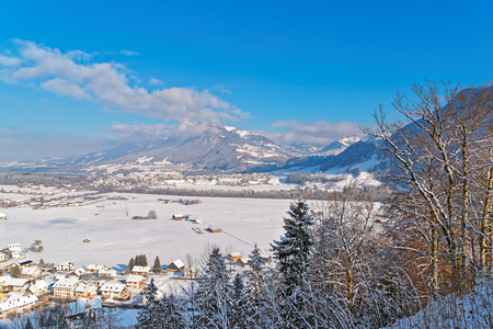 Beautiful winter landscape of Gruyere, province of Fribourg, Switzerland. It is an important tourist location in the upper valley of the Saane river and gives its name to the well-known Gruyere cheeseのeditorial素材