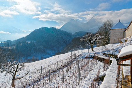 Grand view from the castle of Gruyeres on a beautiful winter landscape. Region of Gruyere, province of Fribourg, Switzerlandのeditorial素材