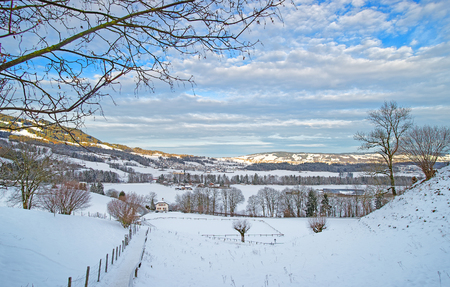 Panorama of the winter landscape in the swiss mountains. Region of Gruyere, province of Fribourg, Switzerlandのeditorial素材