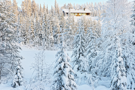 Cottage in a hill above the snow covered forest in Ruka in Finland in the Arctic pole circle in winterのeditorial素材