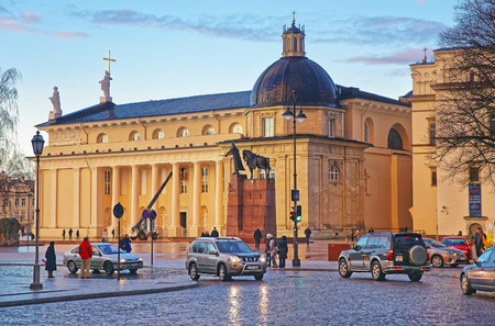 VILNIUS, LITHUANIA - DECEMBER 24, 2013: Cathedral and Sculpture of Grand Duke Gediminas with Horse...