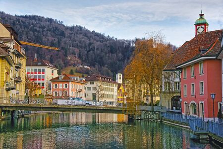 Bridge in the Embankment of the Old Town of Thun. Thun is a city in Swiss canton of Bern, where Aare river flows out of Lake Thun.の写真素材