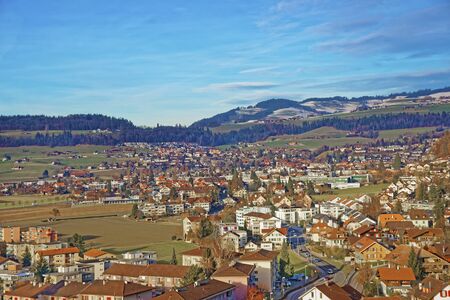 Panoramic View of the Thun Town and mountains. Thun is a city in the canton of Bern in Switzerland,...