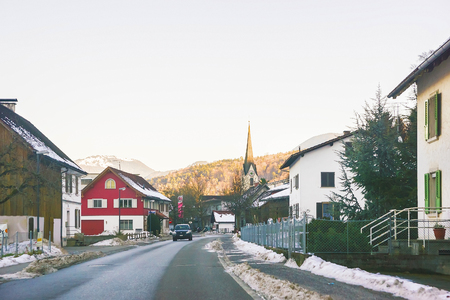 Road View on town in Switzerland in winter. Switzerland is a country in Europe. Switzerland has a high mountain range; from the Alps to Jura mountains.の写真素材