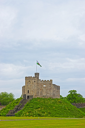 Keep Tower with a flag in Cardiff Castle in Cardiff in Wales of the United Kingdom. Cardiff is the capital of Wales.のeditorial素材