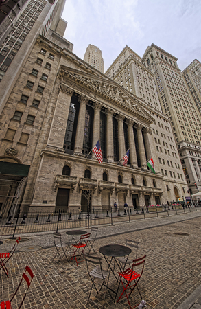 NEW YORK, USA - APRIL 24, 2015: Street view on New York Stock Exchange on Wall Street, Lower Manhattan, USA. It is called NYSE in short.のeditorial素材