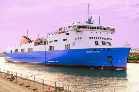 Ventspils, Latvia - May 8, 2016: Liner on Venta River in Ventspils. Ventspils a city in the Courland region of Latvia. Latvia is one of the Baltic countries. Toned speciallyのeditorial素材