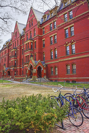 Cambridge, USA - April 29, 2015: Bicycles and Harvard Computer Society in Harvard Yard of Harvard University in Cambridge, Massachusetts, MA, USA.のeditorial素材