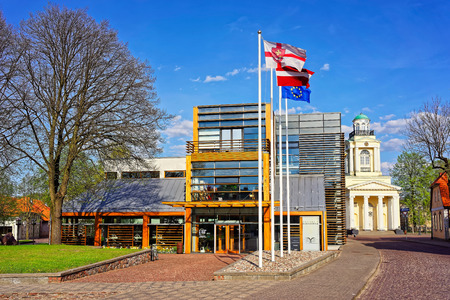 Ventspils, Latvia - May 8, 2016: Library and Lutheran Church of St Nicholas in the City Center of Ventspils, Latvia. Ventspils is a city in the Courland region. Latvia is one of the Baltic countriesのeditorial素材